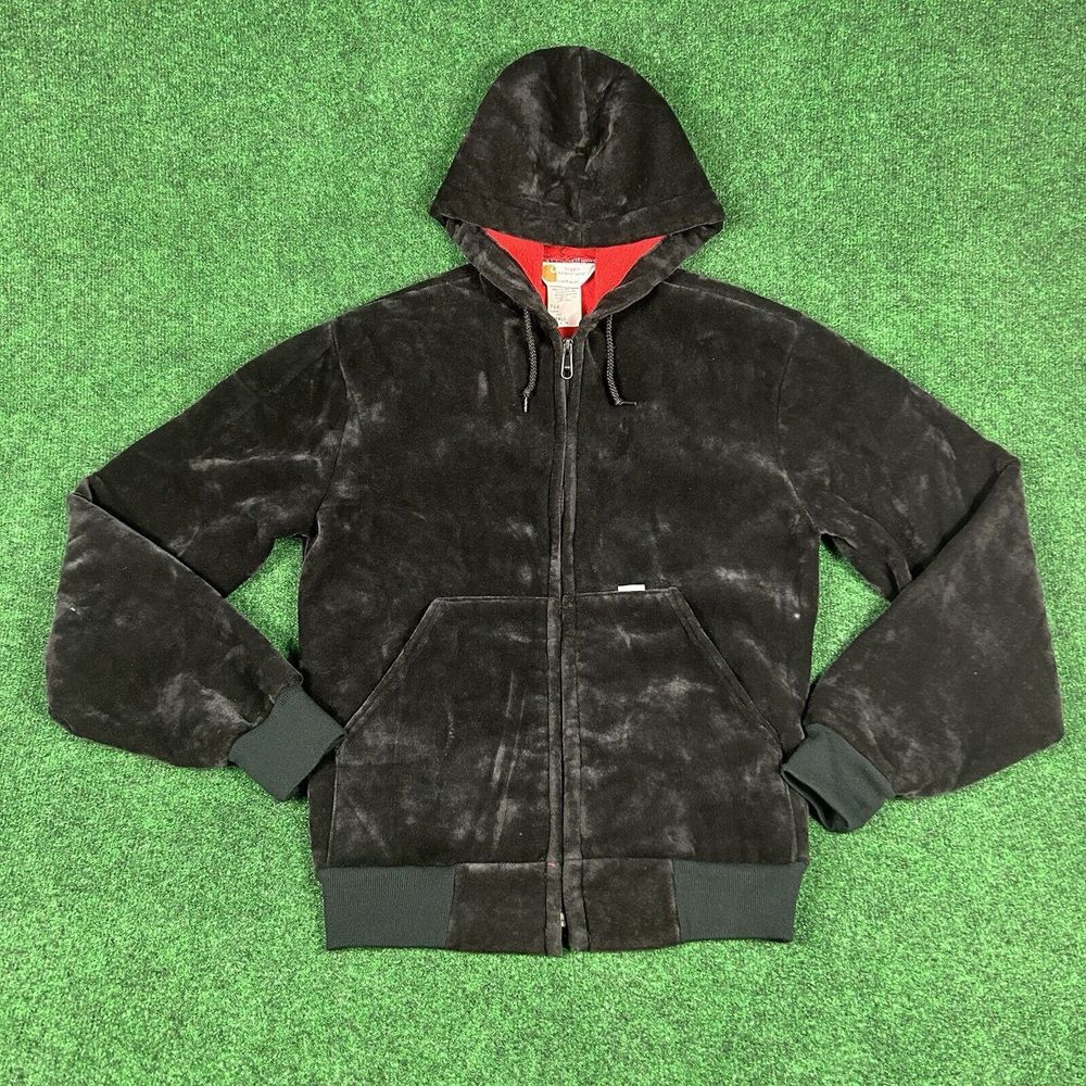 VTG Carhartt 764 Velvet Velour Black Full Zip Hoodie Jacket Mens Small USA Made‎